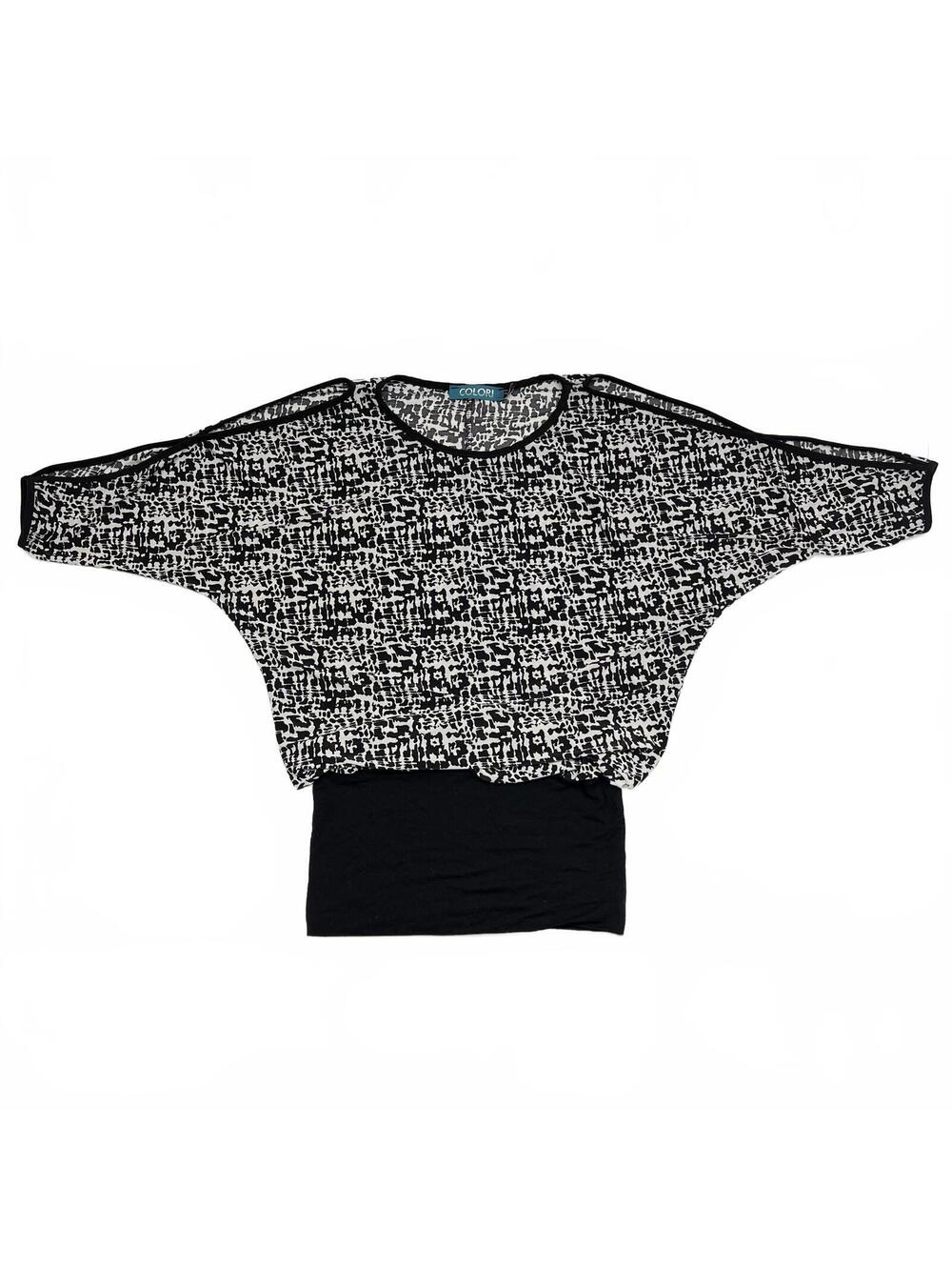 Vintage Colori Black White Abstract Print Cold Shoulder Dolman Sleeve Top Sz S